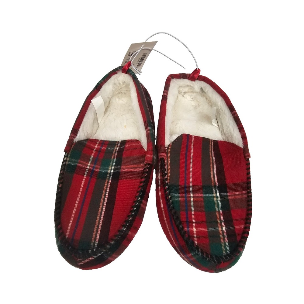 Gymboree Kids Red Plaid Faux Fur Lined Moccasin Slippers Youth Size 2-3 3017183
